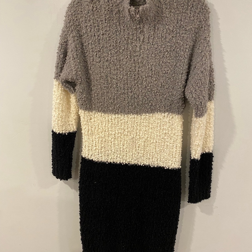 Grey, cream, black sweater dress
